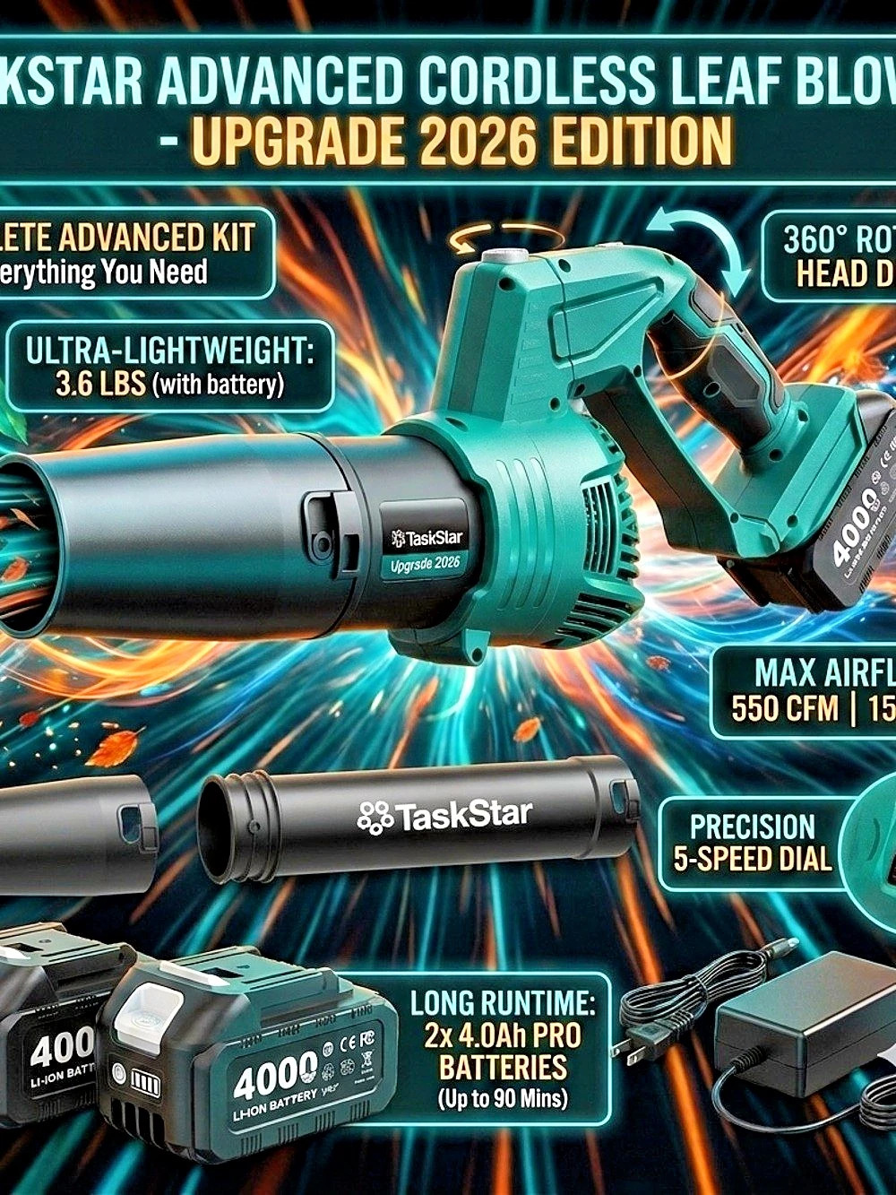 Cordless Leaf Blower 550 CFM 150 MPH - 2026 Upgrade Kit w/ 2x 4.0Ah Batteries..